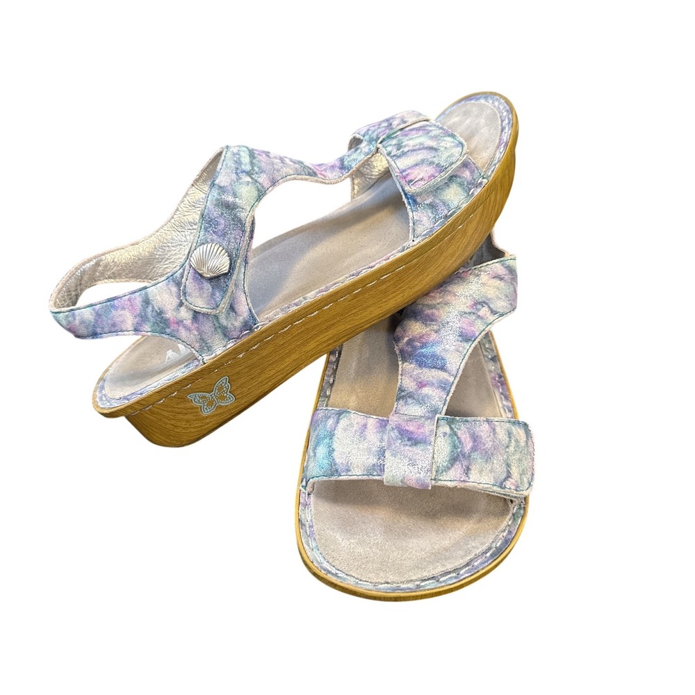 Alegria Kenneth Wedge Sandals Womens‎ 40 Watercolor Blue Purple Metallic Shell